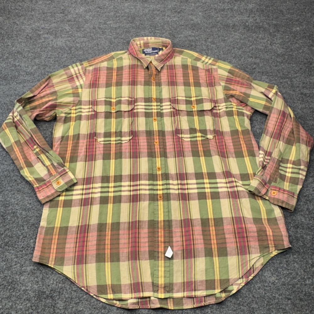 Vintage Polo Ralph Lauren Madras Shirt Mens Large Green Plaid Hand Woven 90s